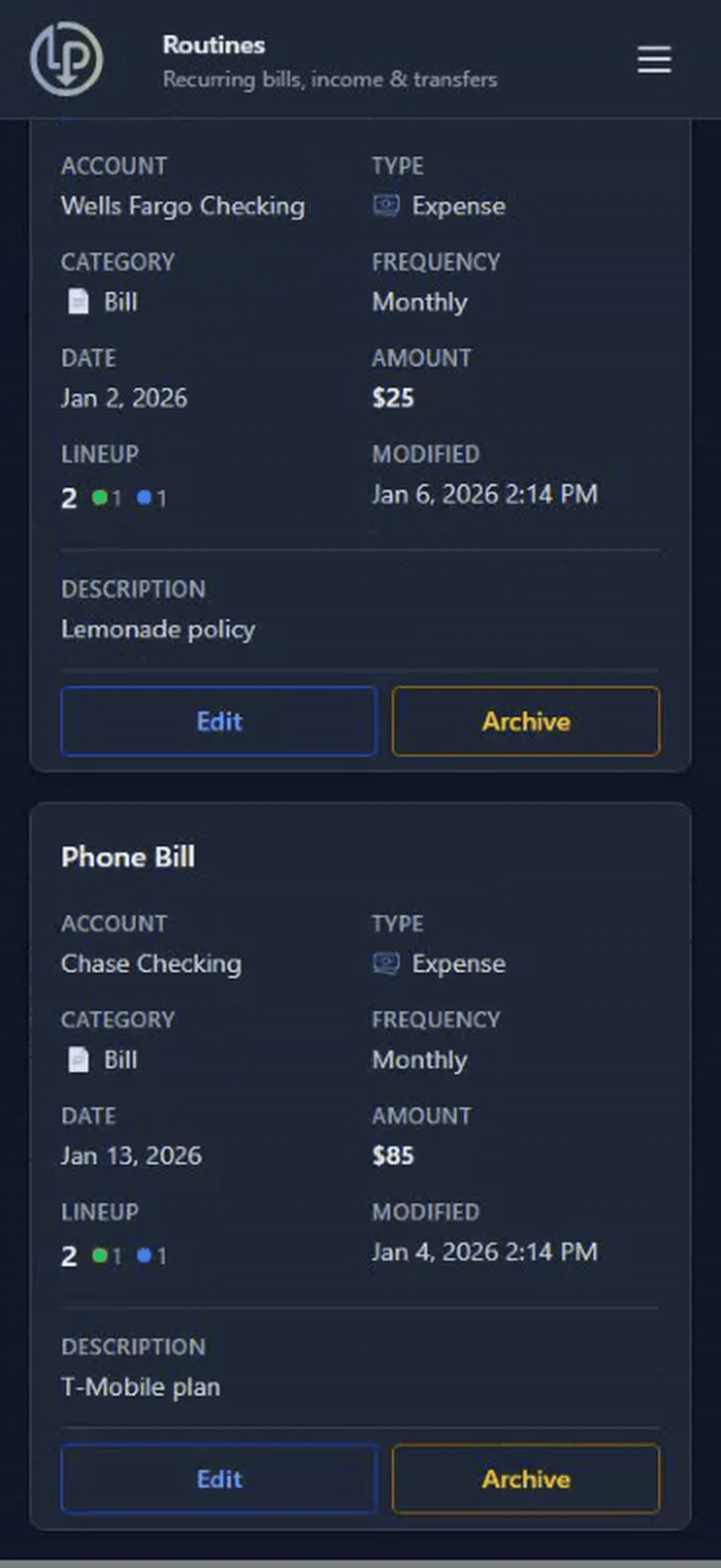 Routines - Less Panic mobile view